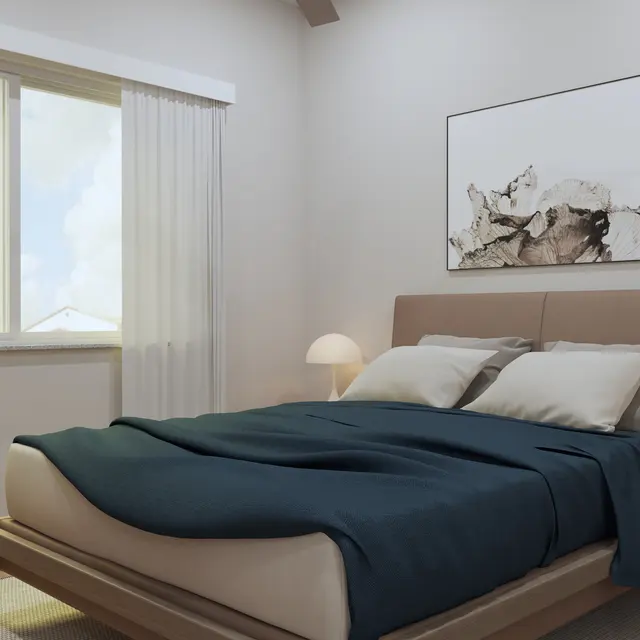 A modern, minimalist bedroom featuring a large bed with blue bedding, two nightstands with lamps, and a window showing a cloudy sky.