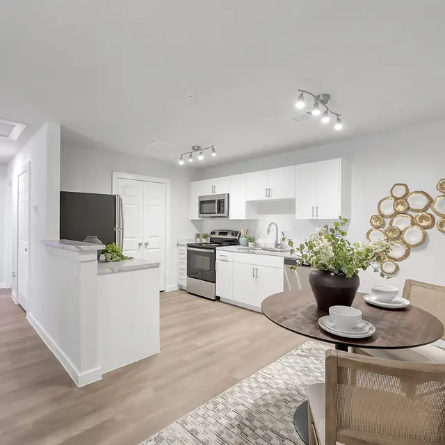 A modern apartment interior featuring a kitchen with white cabinets, a dining area with a round table set for two, and decorative plants. The space has wood flooring and bright lighting.