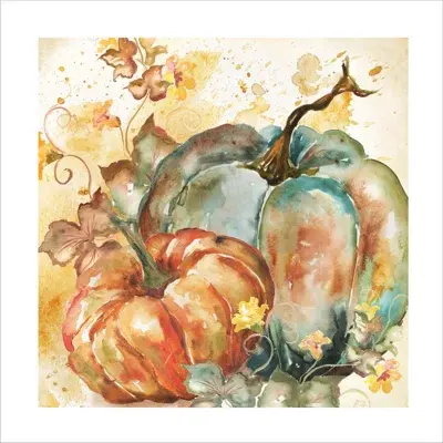 A watercolor painting featuring three pumpkins in varying colors, with a soft background of splashes and floral elements.