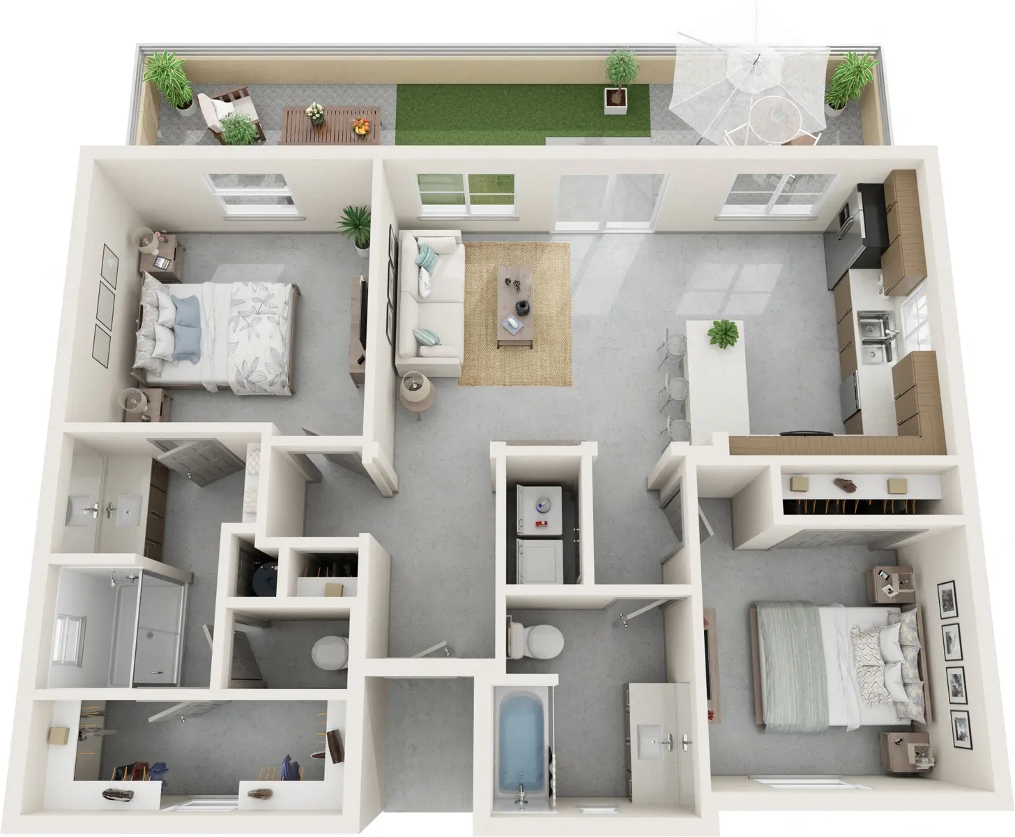 A top-down view of a modern apartment layout featuring two bedrooms, a living area, kitchen, and two bathrooms.