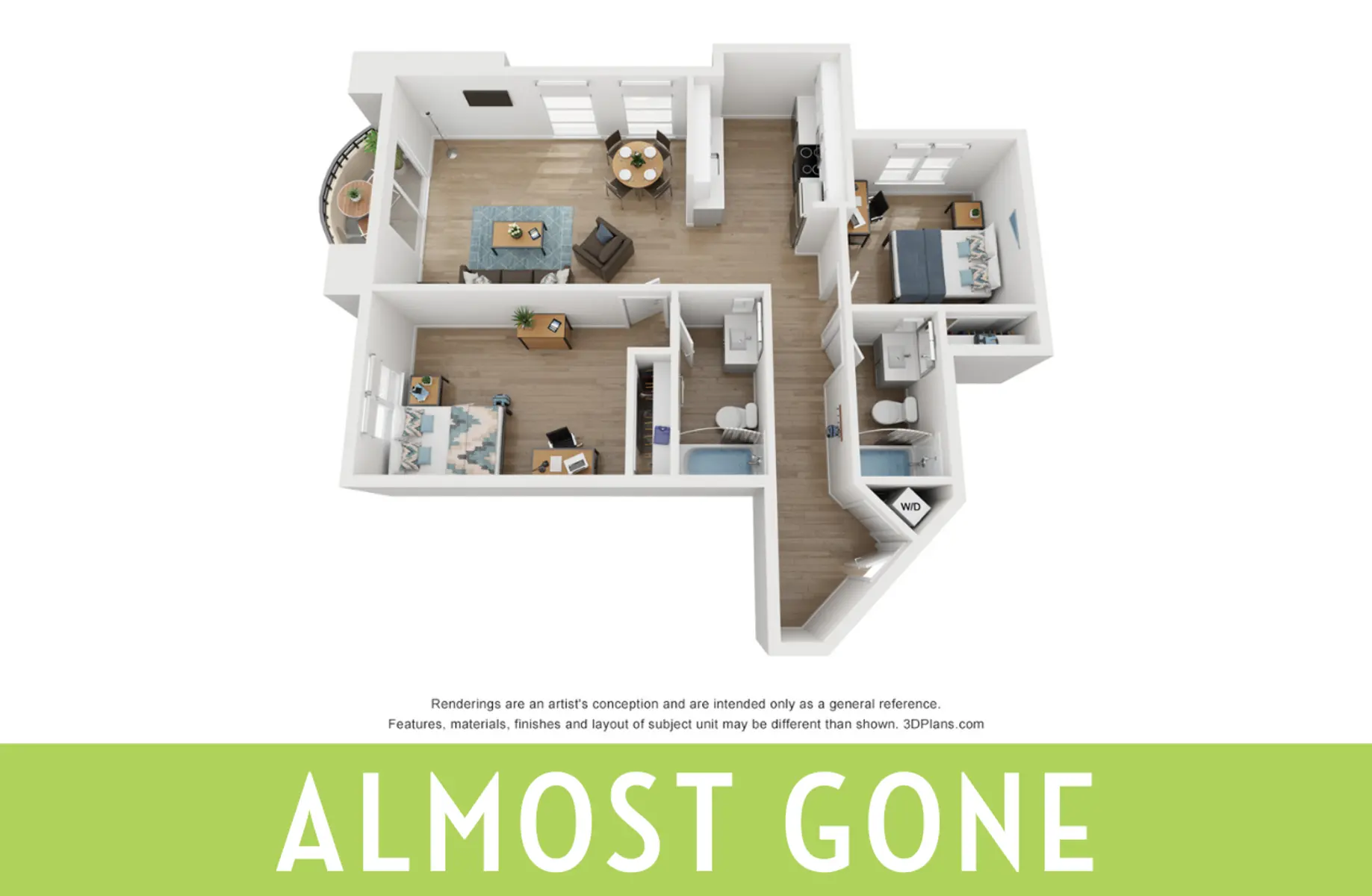 A 3D floor plan of an apartment featuring multiple rooms, including a living area, kitchen, and bedrooms. The layout shows furniture placements and decorative details.