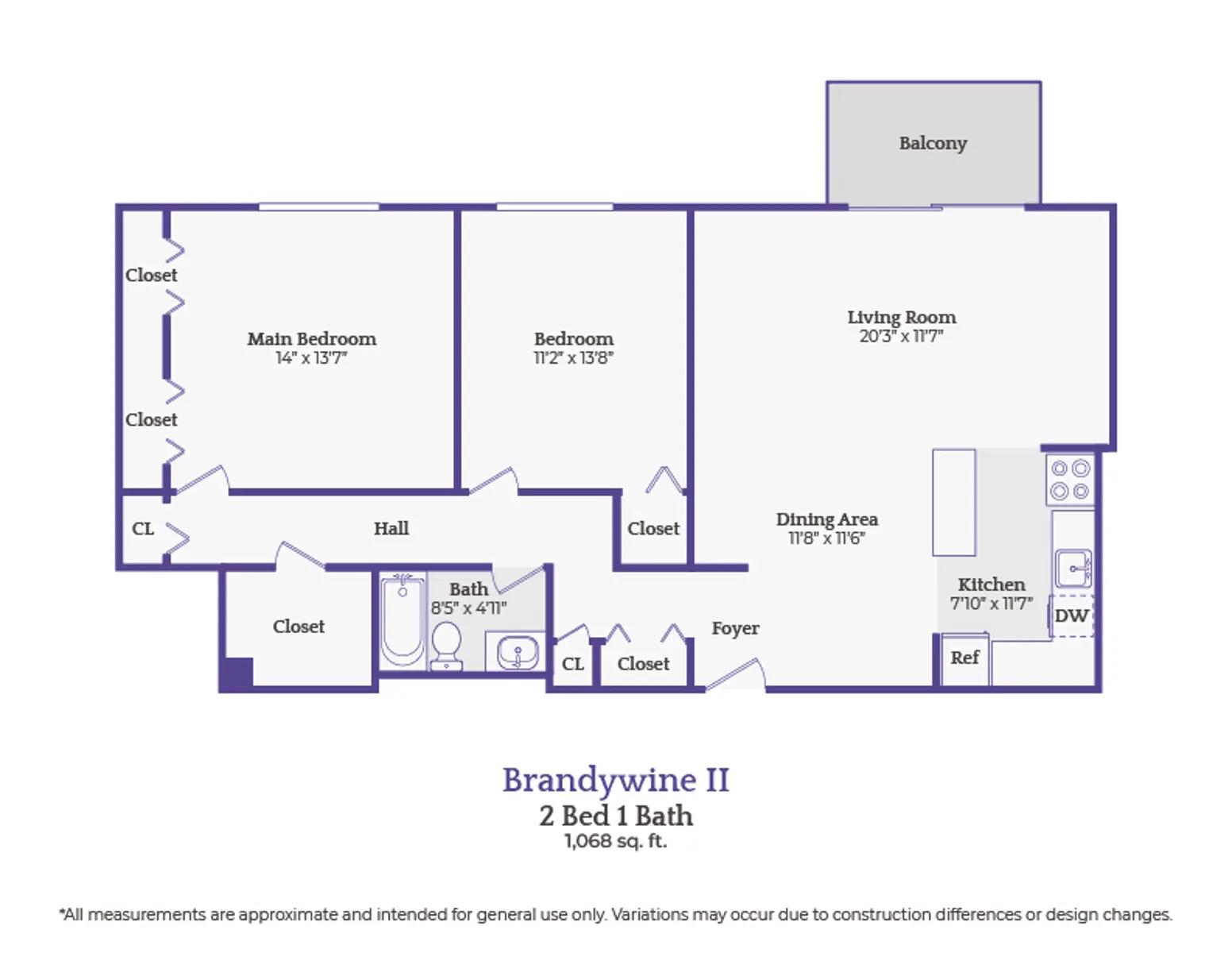 Brandywine II Floor Plan A floor plan of an apartment labeled 'Brandywine II' featuring 2 bedrooms and 1 bathroom, totaling 1,068 square feet. The layout includes a living room, dining area, kitchen, and balcony.