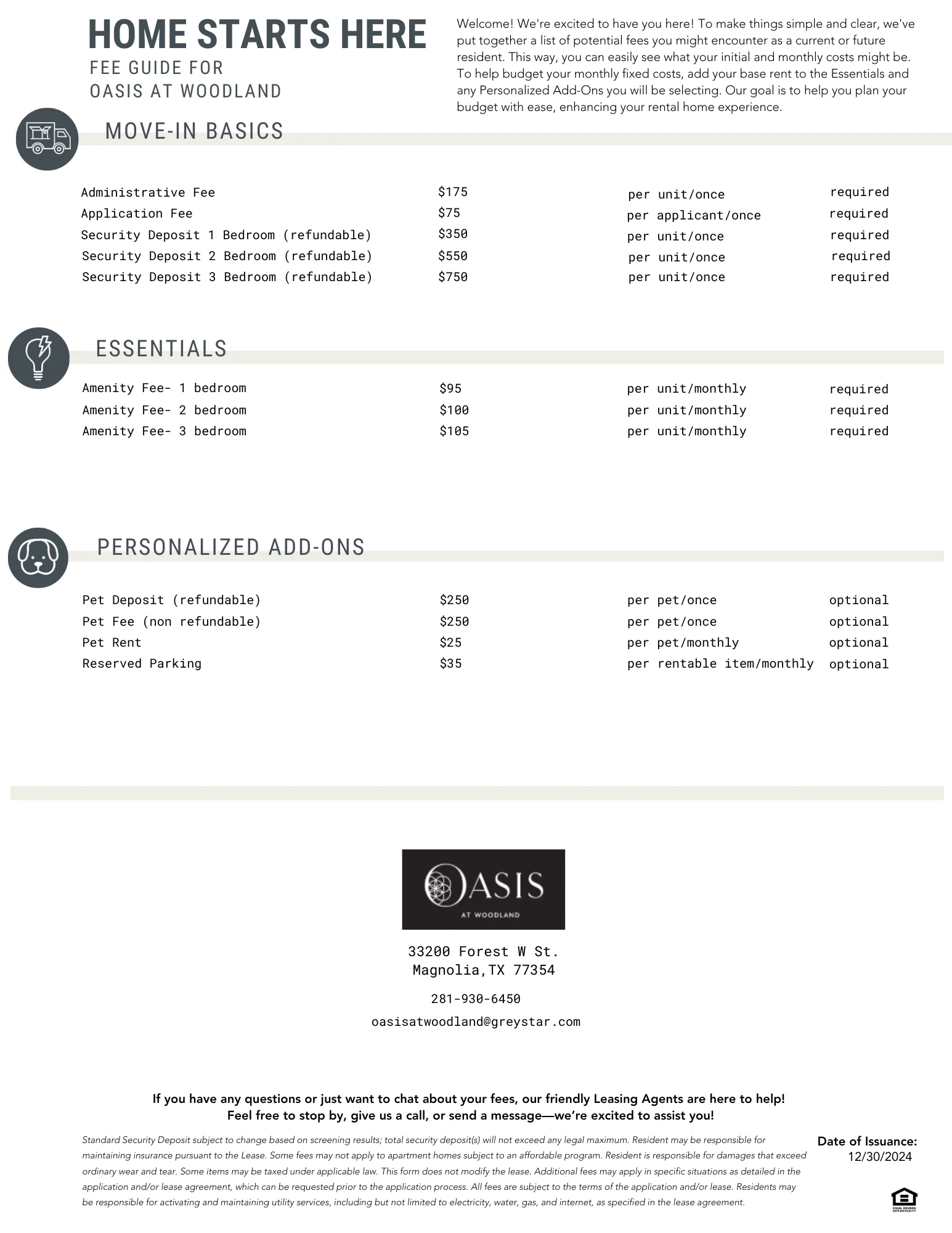 Oasis at Woodland Fee Guide A fee guide for Oasis at Woodland outlining move-in basics, essentials, and personalized add-ons for potential residents.
