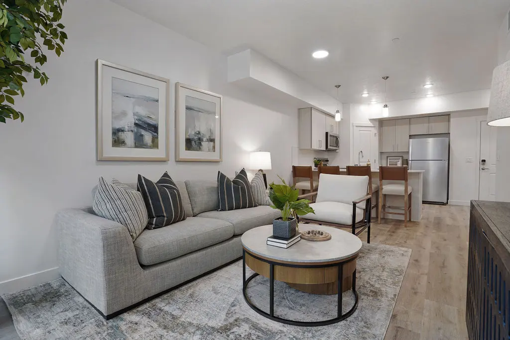 A modern living room featuring a light gray sofa with decorative cushions, a round coffee table, and a dining table in the background. The walls are adorned with framed artwork, and there are plants adding greenery to the space.
