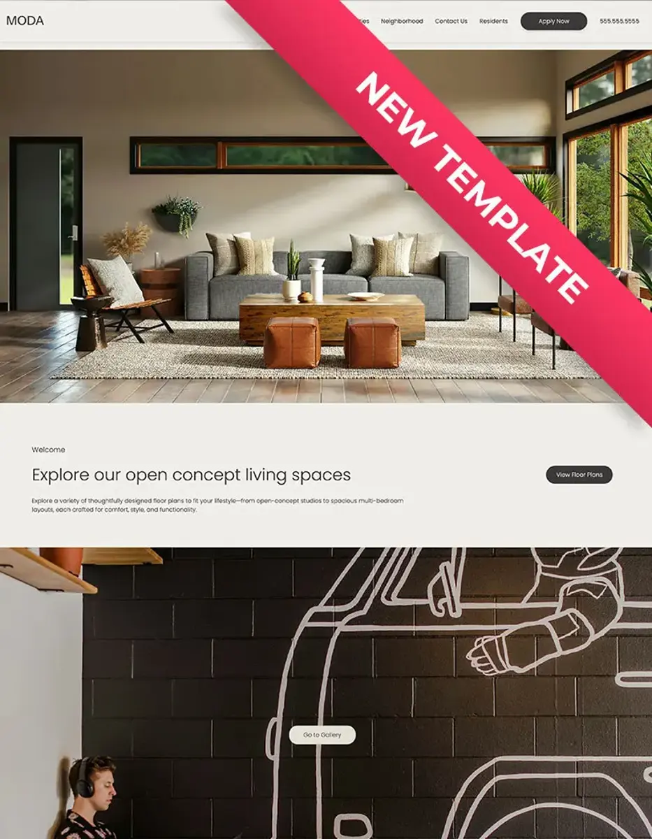 MODA Living Space Template A modern website template featuring an open-concept living space design. The top section displays a stylish living room with a large window, comfortable seating, and decorative elements. The bottom section includes an artistic wall mural and a person interacting with it, showcasing the diversity of design options.
