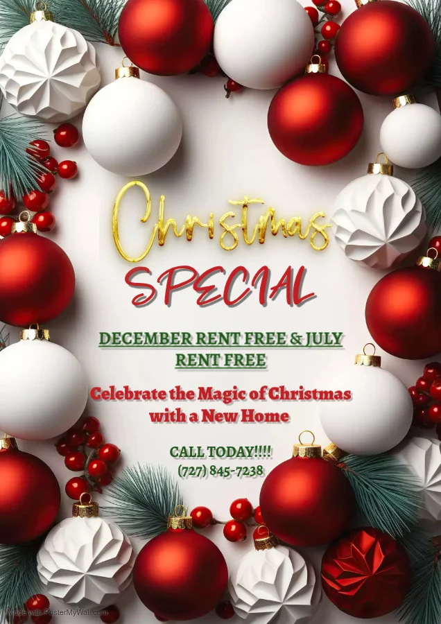 Christmas Rental Special Announcement A festive promotional flyer featuring red and white Christmas ornaments surrounded by green foliage, announcing a holiday rental special.