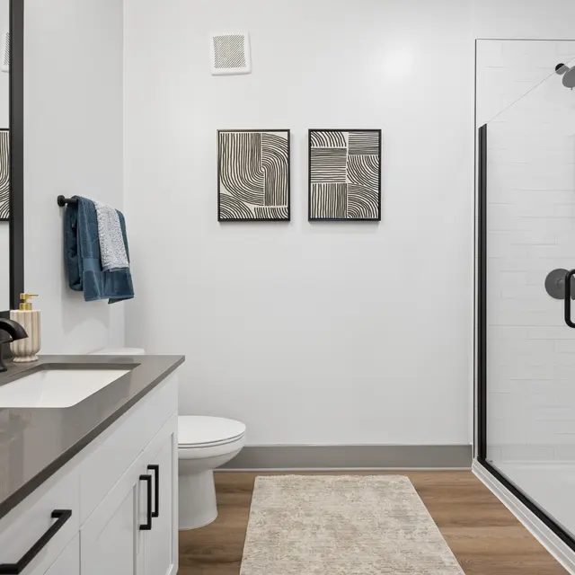 Modern Bathroom Interior Modern bathroom featuring a glass shower, sink area, and artistic wall decor.