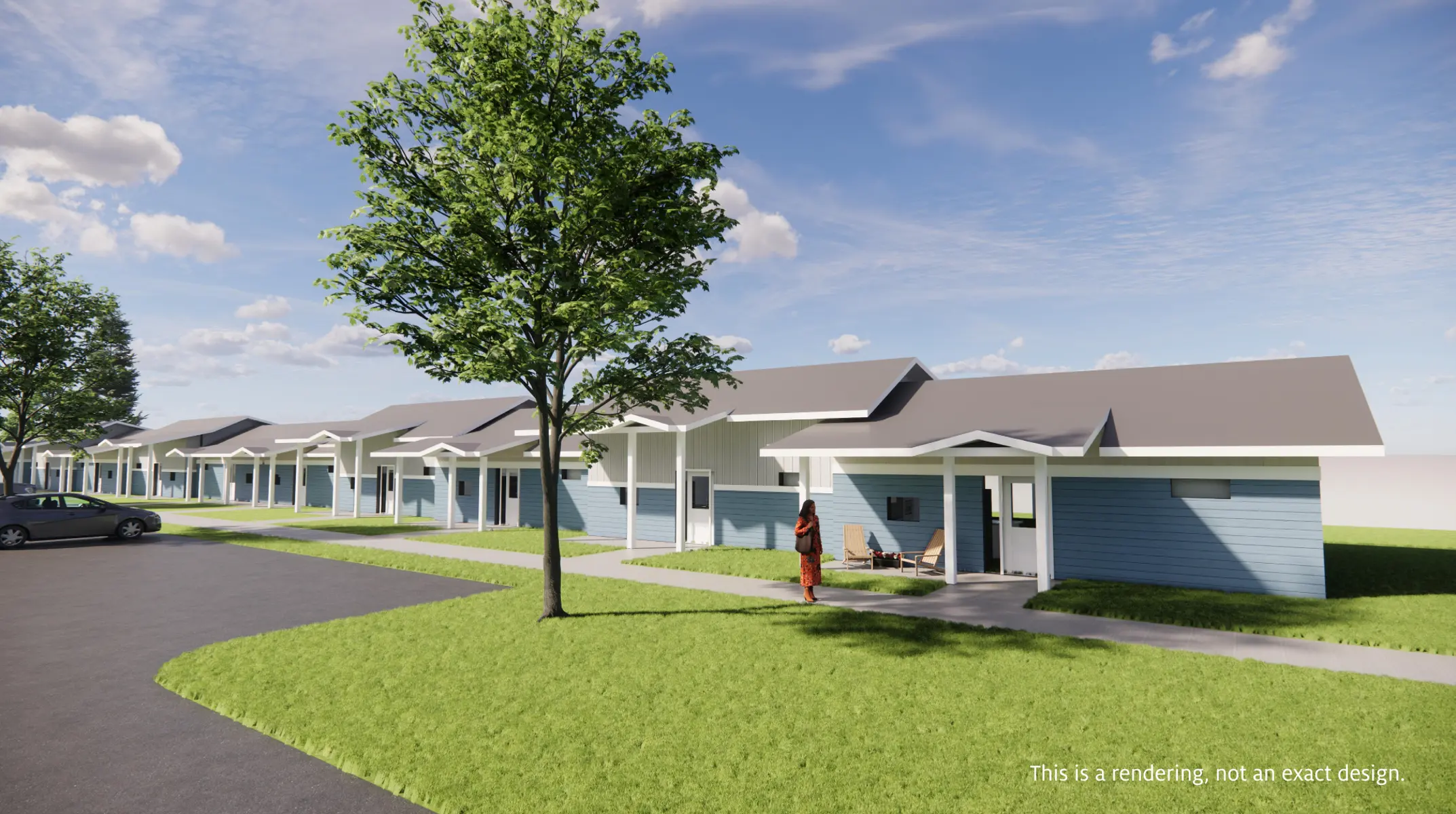 A rendering of modern single-story houses with blue siding and gray roofs, featuring a driveway and yard with grass and trees. One person stands on the pathway to a house.