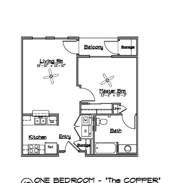Floor plan diagram of a one-bedroom apartment titled 'The Copper' with labeled rooms including Living Room, Kitchen, Master Bedroom, Bath, Balcony, and Storage.