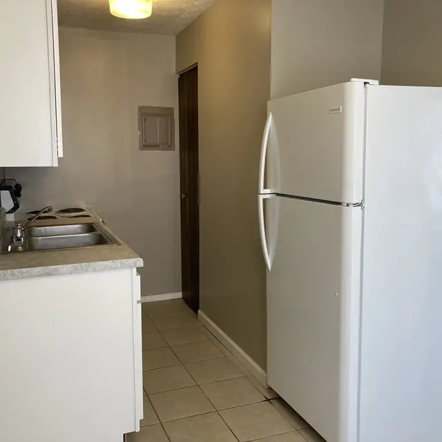 A clean kitchen space featuring a white refrigerator, sink with two basins, and light-colored wall and tile flooring.