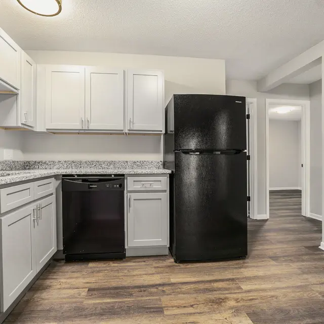 A modern kitchen with light gray cabinetry, a black refrigerator, and a granite countertop.