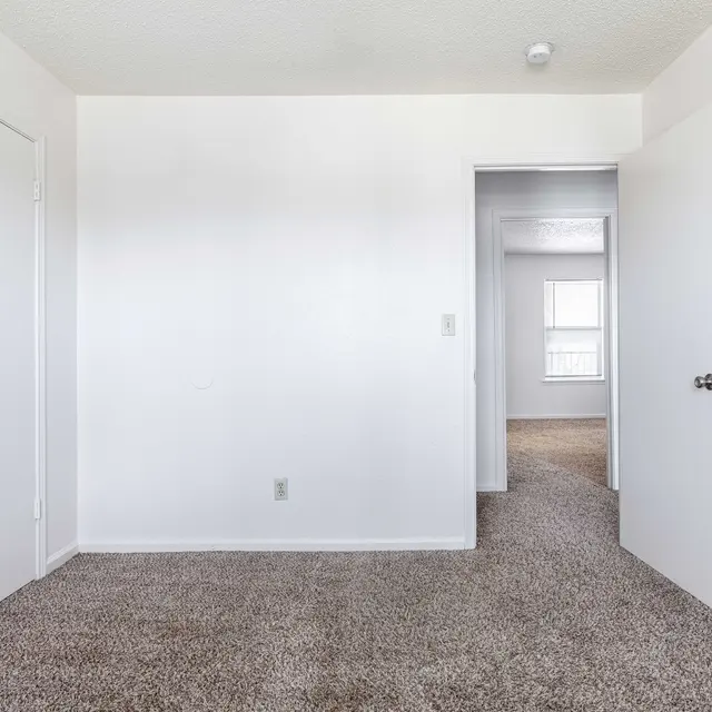 A spacious room with carpet flooring, featuring two white doors and a doorway leading to another room. The walls are plain white and the ceiling is lightly textured.