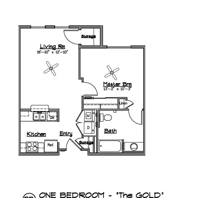 Floor plan for a one-bedroom apartment labeled 'The Gold', showing rooms including a kitchen, living room, bedroom, bath, and entry.