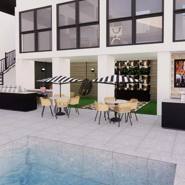 Modern Poolside Lounge A modern poolside lounge area featuring a swimming pool, lounge chairs, dining tables, and a large outdoor TV. The space is designed with a contemporary aesthetic, featuring glass windows and a sleek backdrop.