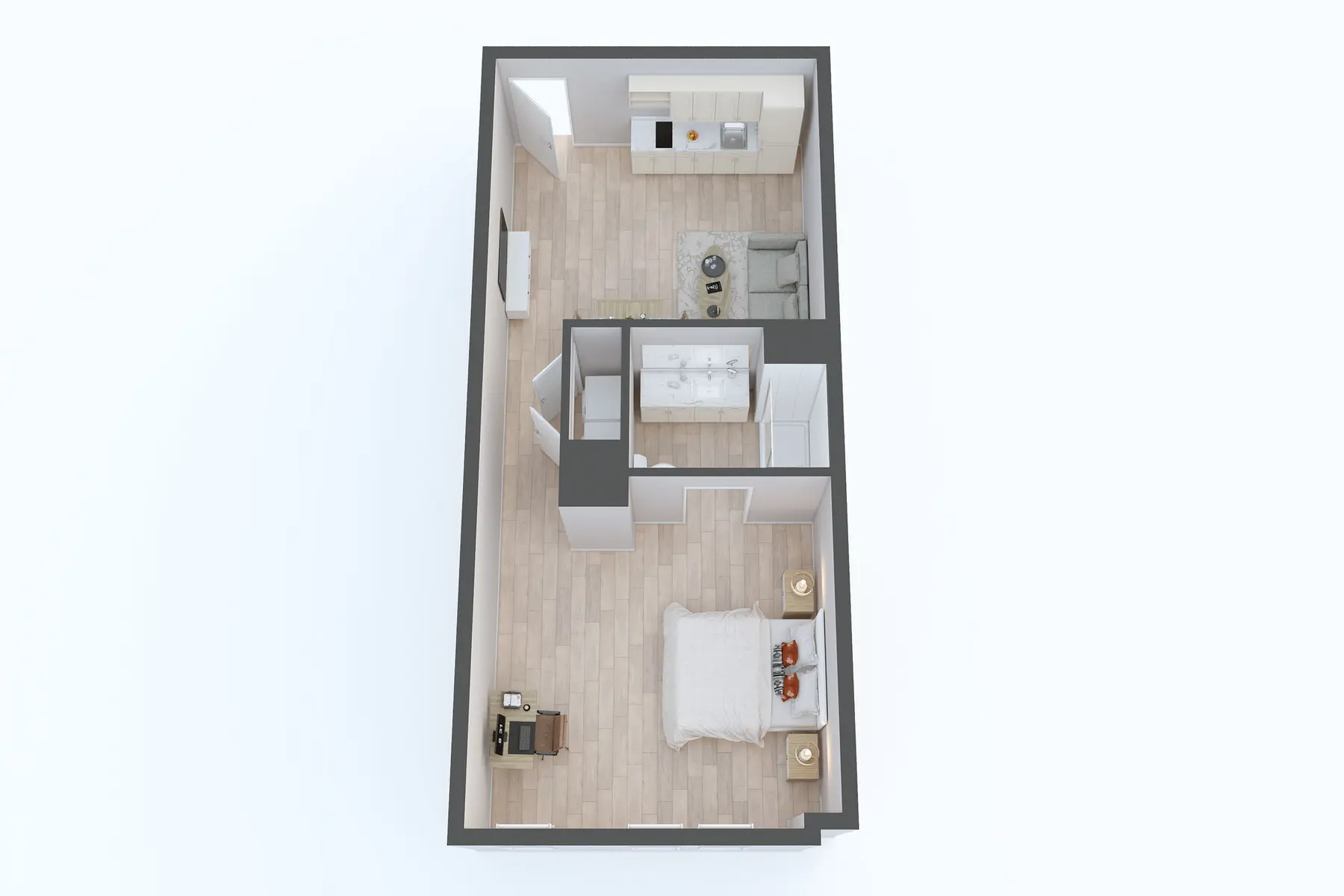 A 3D floor plan of a small apartment featuring a living area, kitchen, bathroom, and bedroom.