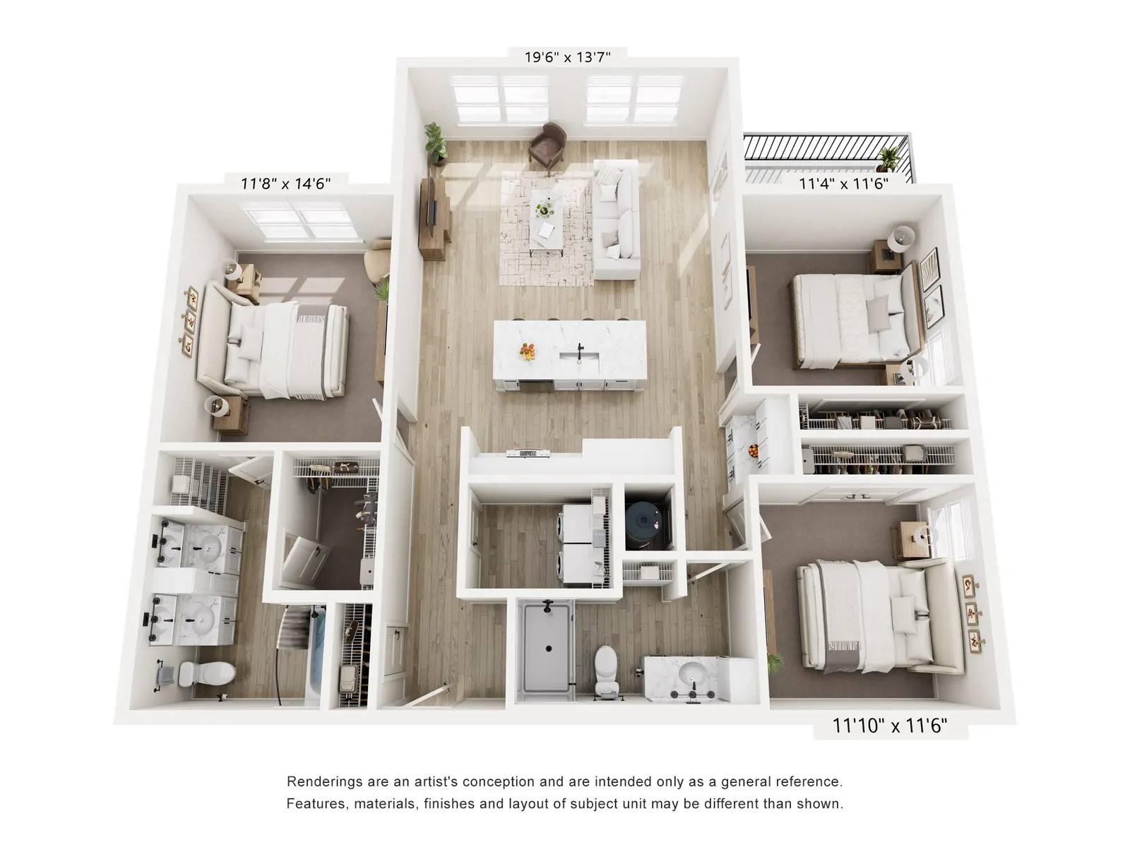 An overhead layout of a three-bedroom apartment featuring a living area, kitchen, and three bedrooms. Dimensions of each room are labeled, showcasing a modern design.