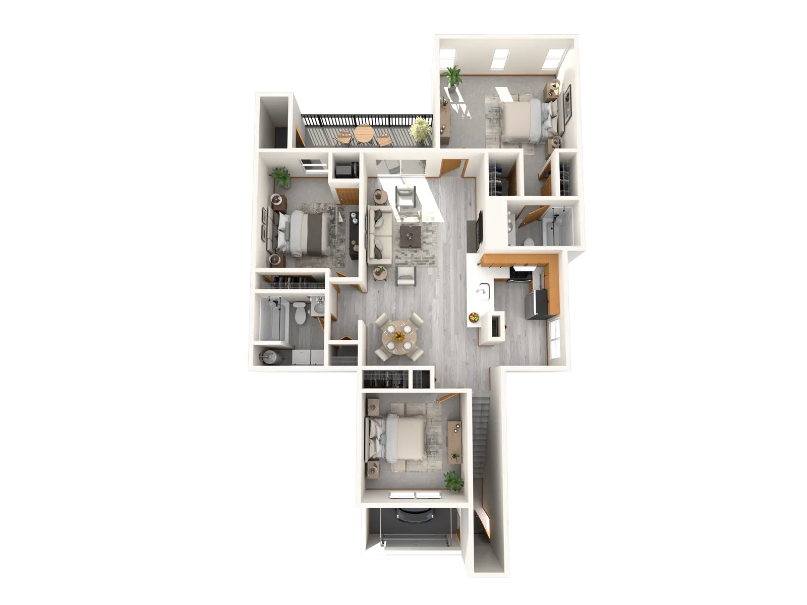 An overhead view of a modern apartment floor plan featuring multiple rooms including living areas, bedrooms, a kitchen, and bathrooms.
