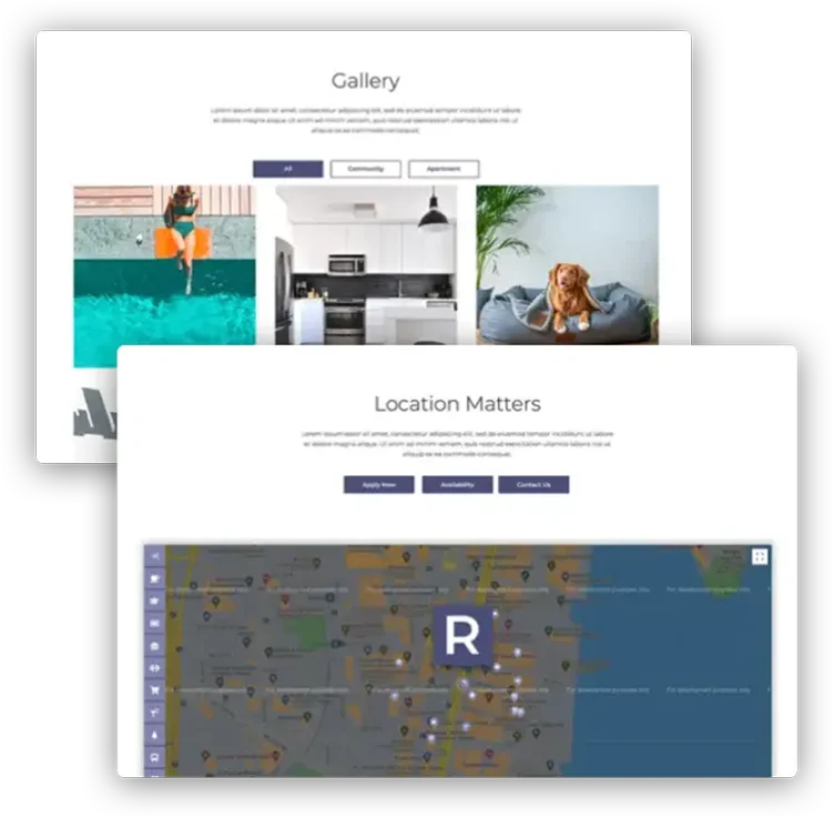 A digital layout showcasing a gallery and a map section of a website. The top section includes images related to apartments, interiors, and a dog. The bottom section features a map with various pins and a prominent letter 'R'.