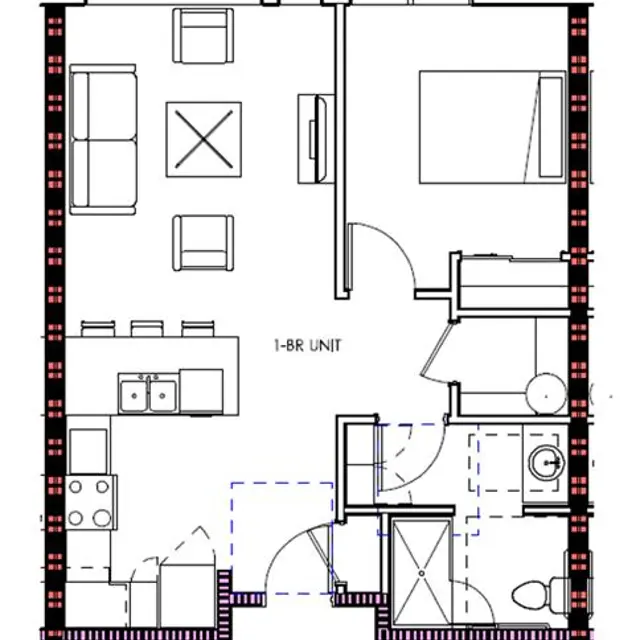 A floor plan of a one-bedroom unit showing layout for living room, kitchen, bathroom, and bedroom areas.
