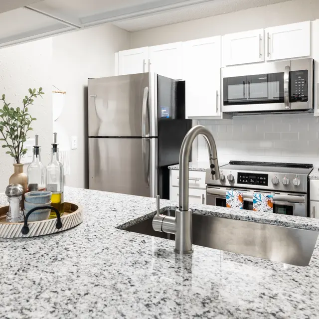 Modern kitchen featuring stainless steel appliances, granite countertops, and decorative items on the island. Bright and inviting.
