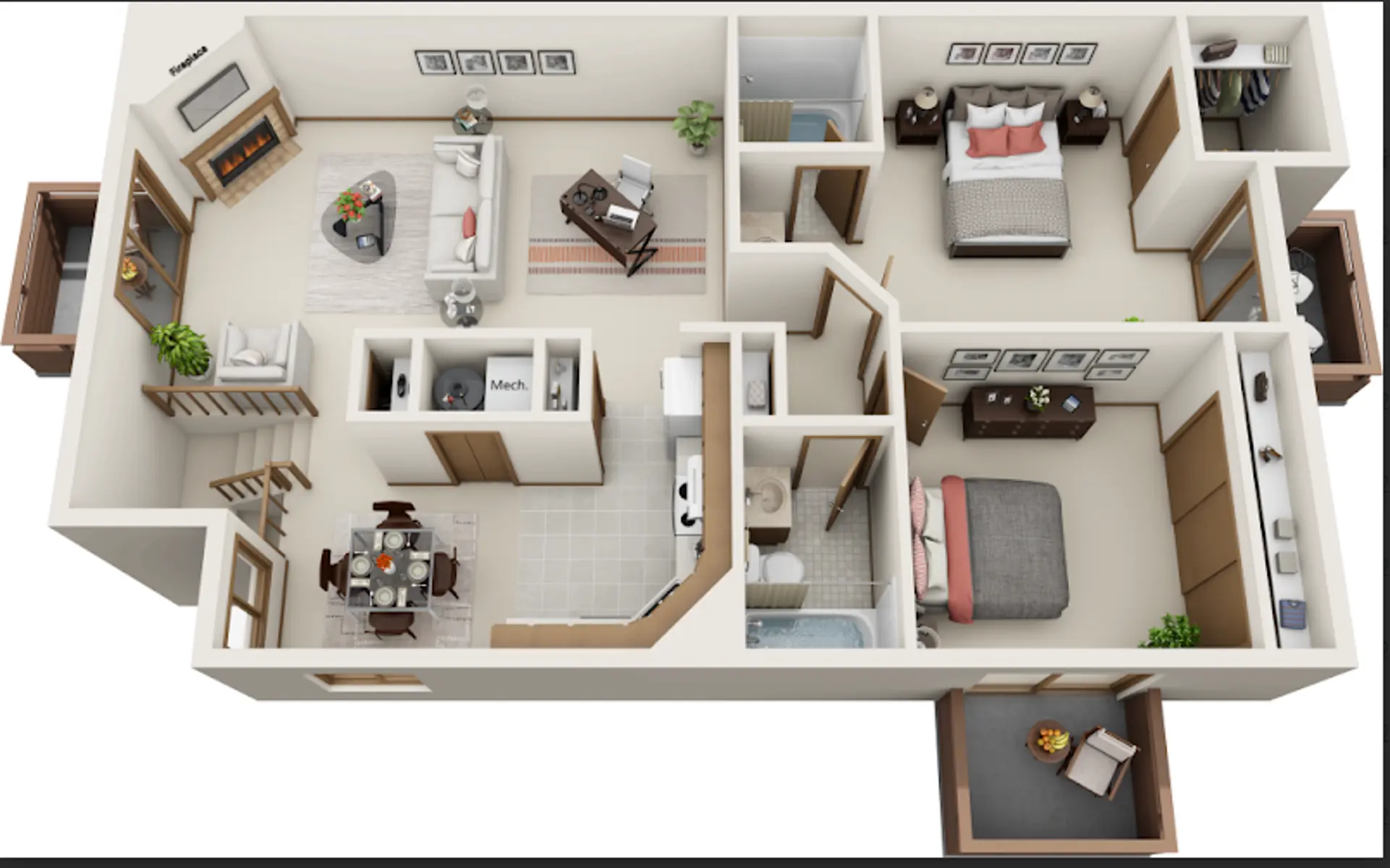 A 3D floor plan of a house showing various rooms including a living room, kitchen, dining area, bedrooms, and bathrooms arranged around a central hallway.