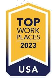 Award badge for Top Work Places 2023 in the USA, featuring a yellow and blue design.