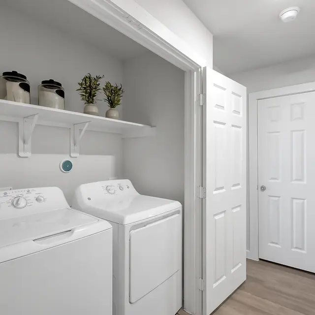 A bright and modern laundry room featuring two washing machines side by side, with shelves above displaying decorative containers and small plants. The room has light colored walls, wooden flooring, and a door leading to another area.