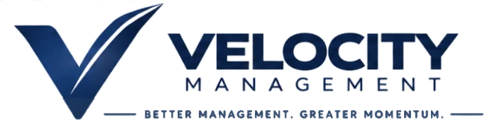 Logo for Velocity Management featuring a stylized 'V' and the text 'VELOCITY MANAGEMENT' underneath.