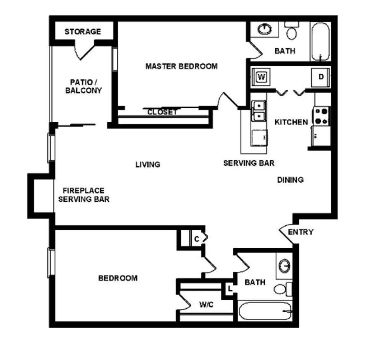 A black and white floor plan of an apartment layout featuring a master bedroom, a second bedroom, and various amenities including bathrooms, a kitchen, and living areas.