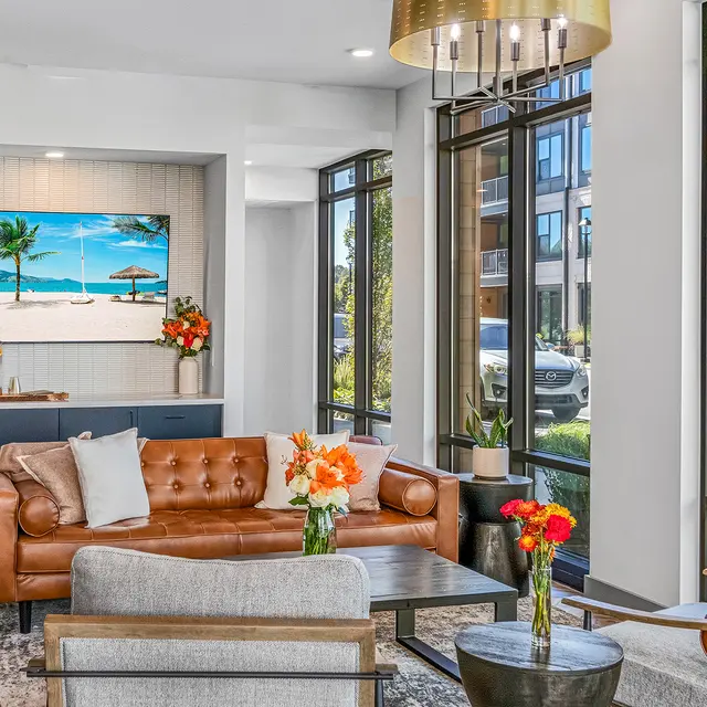 A modern living room with large windows allowing natural light in, featuring a brown leather sofa, a coffee table, and decorative flowers. A large TV with a beach scene is mounted on the wall, and there are contemporary chairs and a side table in the space.