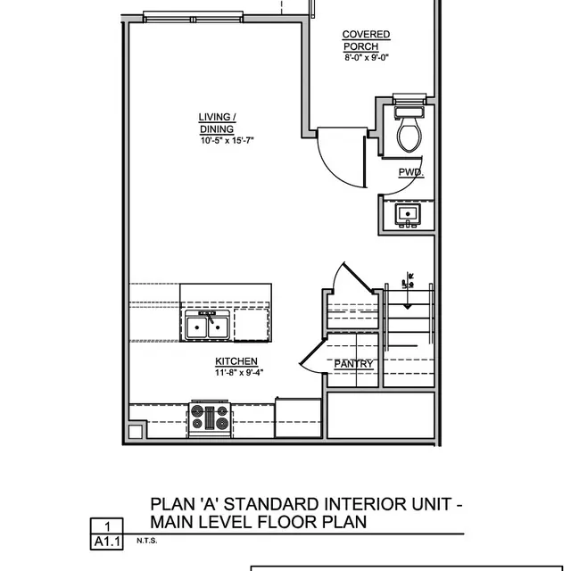 Floor plan of a standard interior unit with labeled areas including a living/dining area, kitchen, pantry, and a covered porch. Dimensions are indicated for each room.