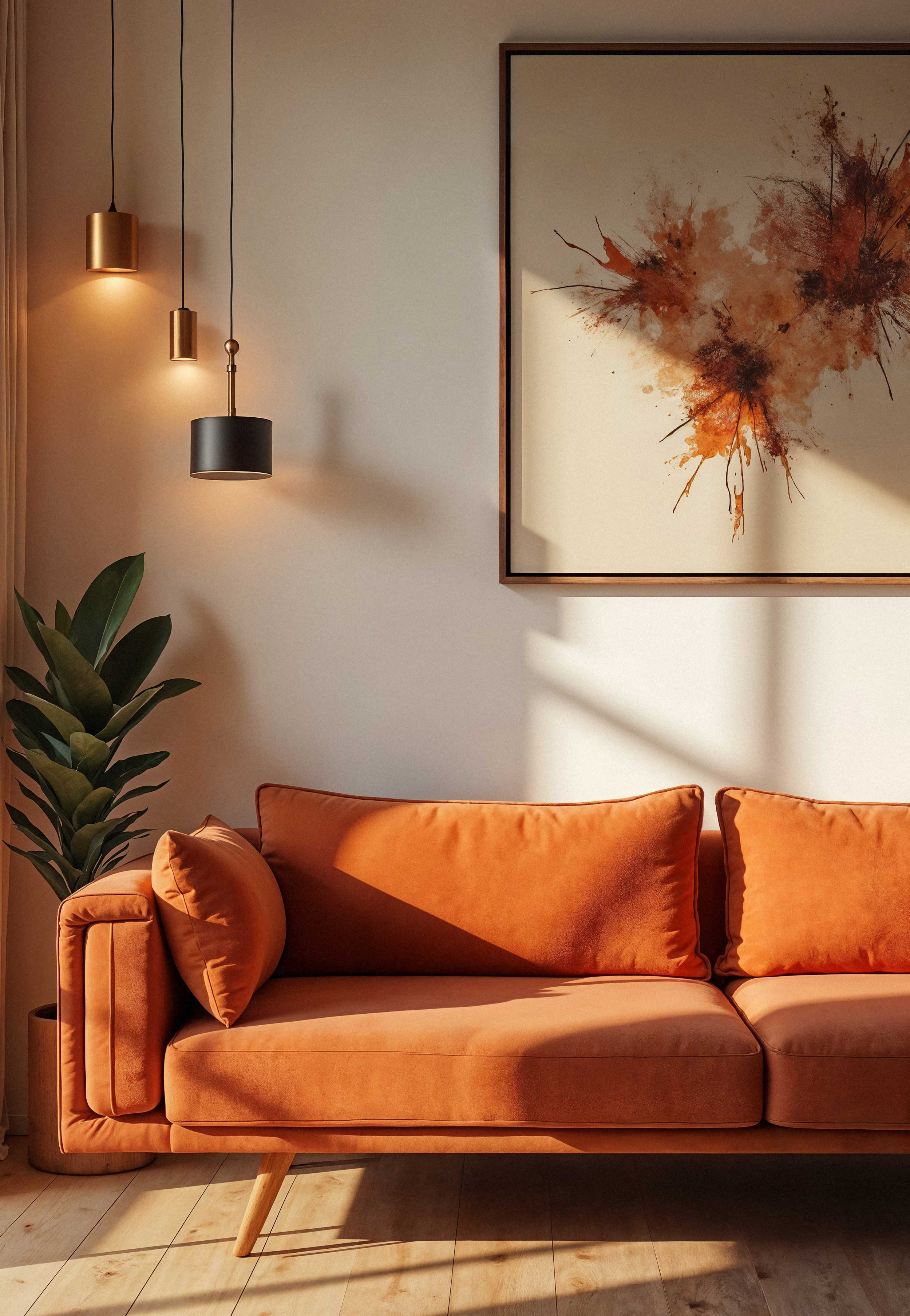 Modern Living Room Design A cozy modern living room featuring an orange sofa with plush cushions, surrounded by natural light filtering in from a window. A potted plant is positioned next to the sofa, and a piece of abstract art hangs on the wall above it, displaying warm tones of orange and brown. Pendant lights in gold and black add to the ambiance.