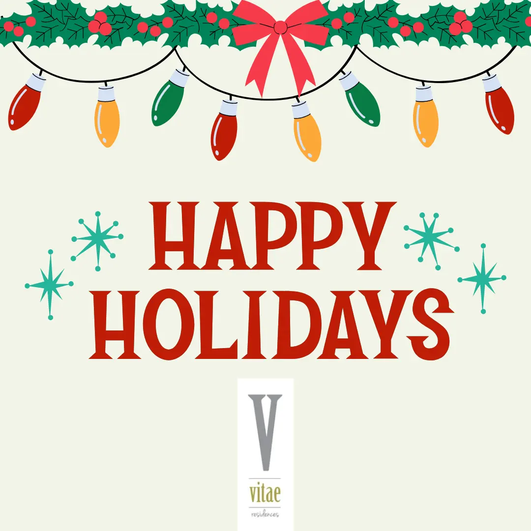 Festive holiday design featuring Christmas lights, holly, and a ribbon bow with the text 'Happy Holidays'.