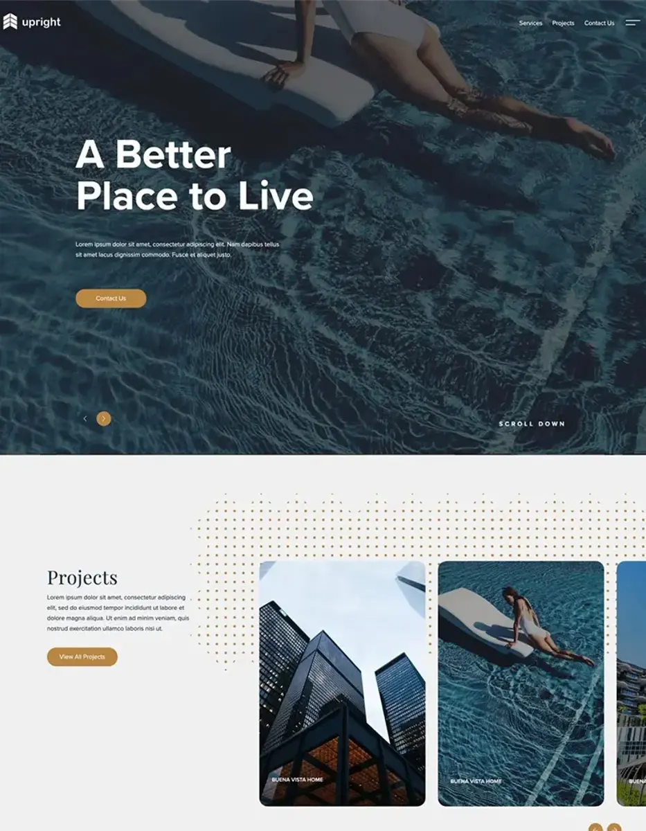 Website Design: A Better Place to Live A modern website layout showcasing a person's legs relaxing on a pool float in water, with a section for projects including images of buildings and a person swimming. The color scheme is predominantly blue and white with a minimalistic design.
