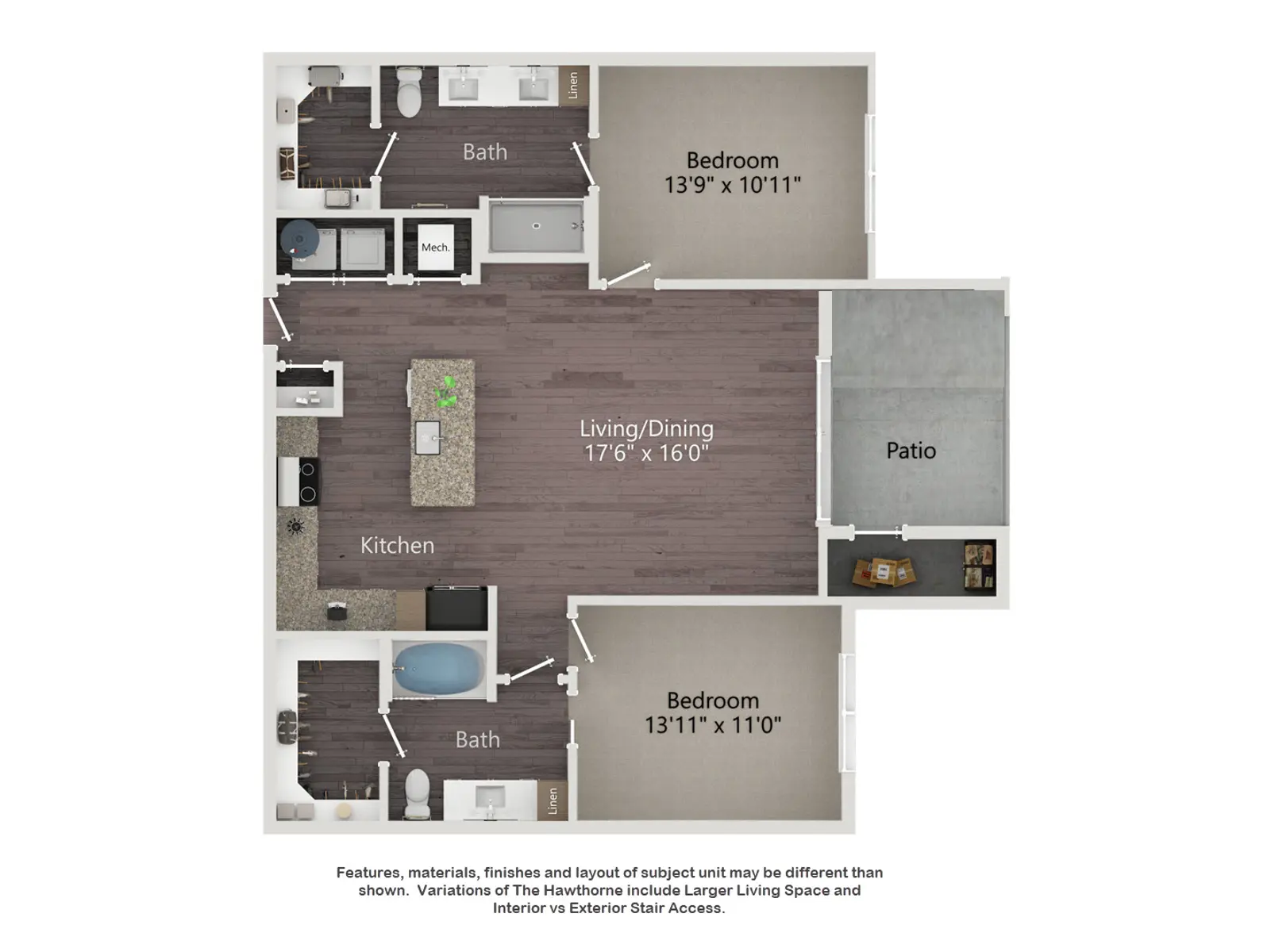 TwoBedroom Apartment Floor Plan A detailed floor plan of an apartment featuring two bedrooms, two bathrooms, a kitchen, living/dining area, and a patio.