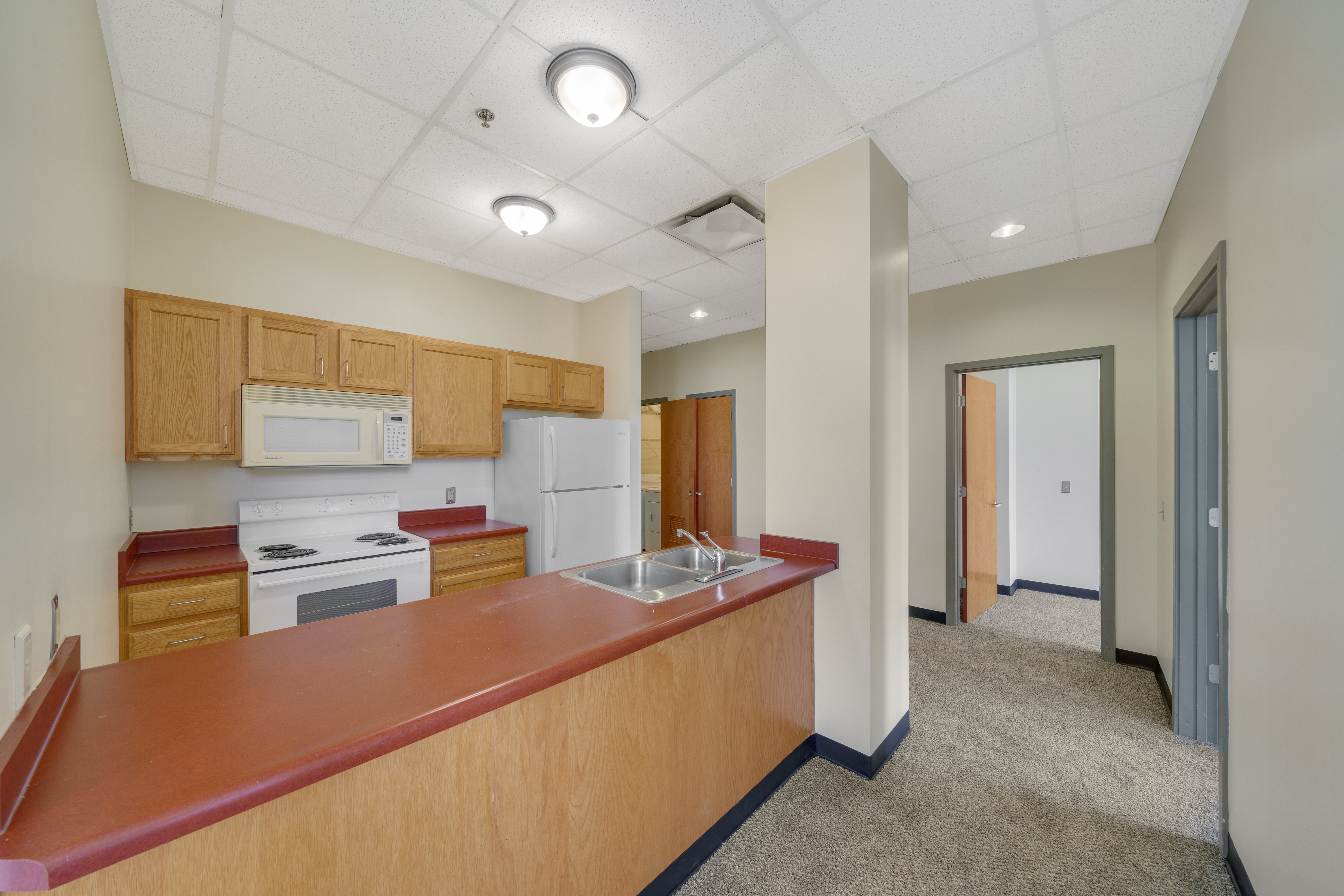 Modern Kitchen Design A modern kitchen with wooden cabinetry, a countertop with a sink, and appliances including a microwave and stove. The kitchen opens up to a carpeted area with doorways leading to other rooms.