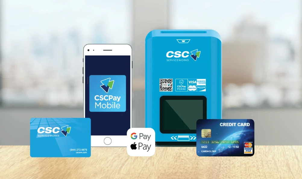 CSCPay Payment Solutions Display of CSCPay services including a mobile phone, payment cards, and a payment kiosk.