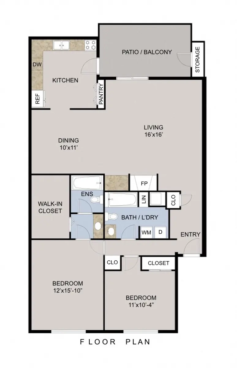 A floor plan featuring a kitchen, dining area, living room, two bedrooms, two bathrooms, and a patio/balcony.