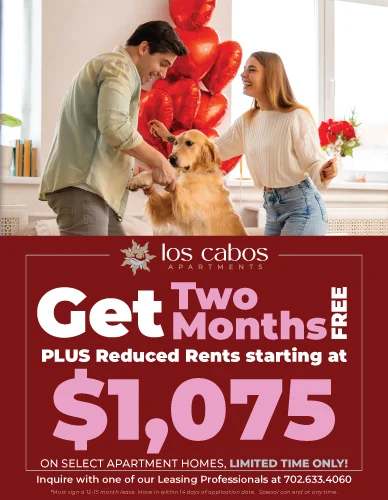 A poster advertising Los Cabos Apartments, featuring a couple with a golden retriever. The text highlights a promotional offer of two months free rent and reduced rents starting at $1,075.