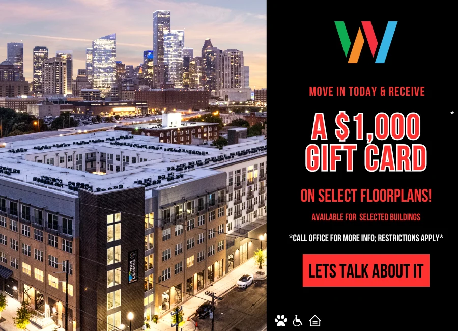 Promotional image for a residential complex featuring an urban skyline at dusk. The text highlights a $1,000 gift card offer for moving in, with details about availability and a call to action.