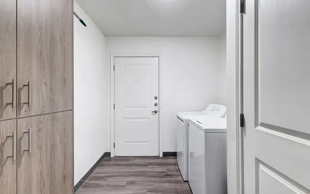 Apartment Laundry Room A modern laundry room with a door, washer, and cabinets.