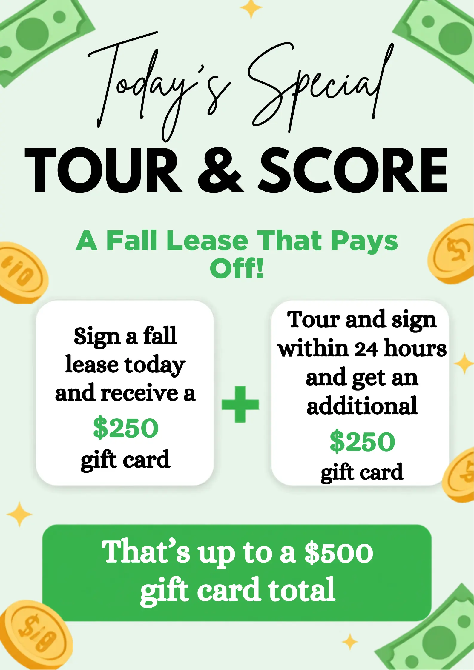 Promotional flyer offering a special deal on a fall lease with gift card incentives.