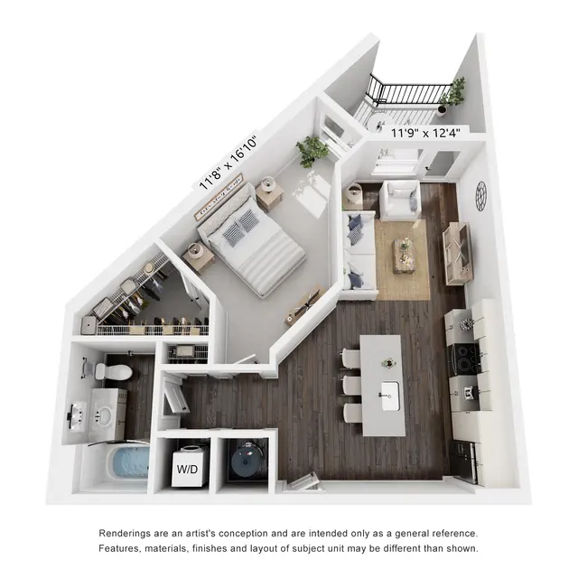 A 3D floor plan of a modern apartment. The layout features a bedroom, living area, dining space, kitchen, and bathroom. Measurements are indicated. The design appears open and spacious with a contemporary aesthetic.