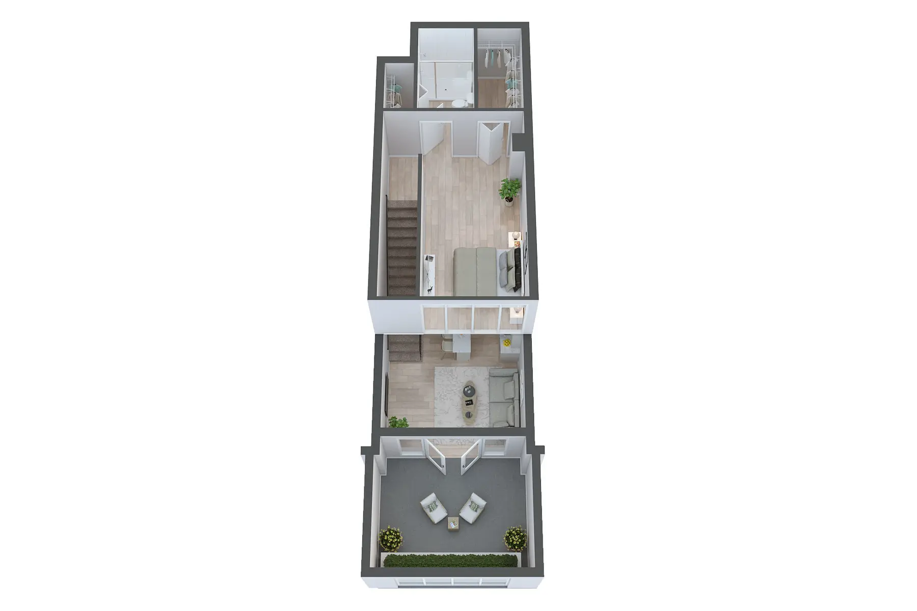 A 3D floor plan of a multi-level house showing different rooms and layouts.