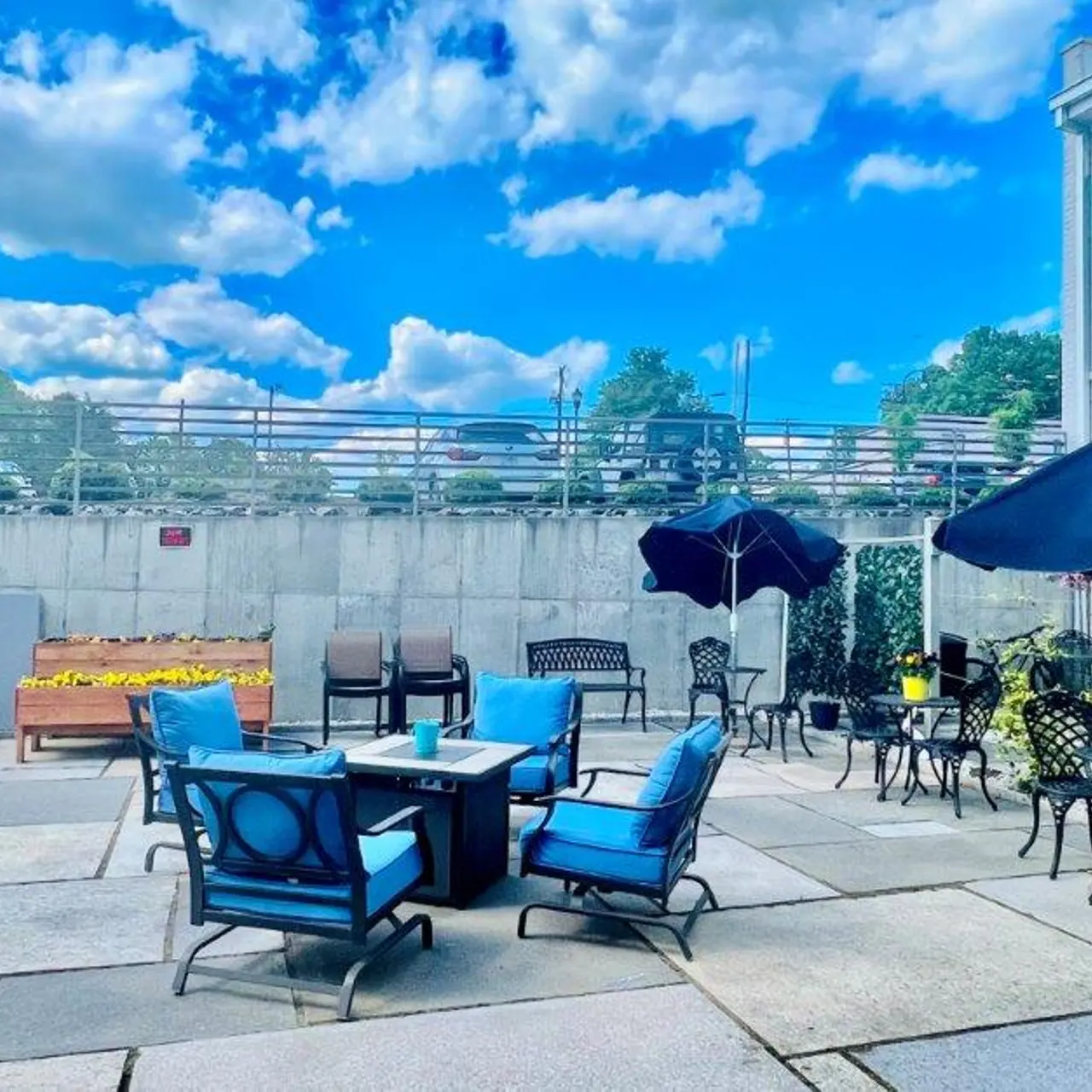 A spacious outdoor lounge area with blue chairs and a table, surrounded by plants and umbrellas, under a bright blue sky with fluffy clouds.