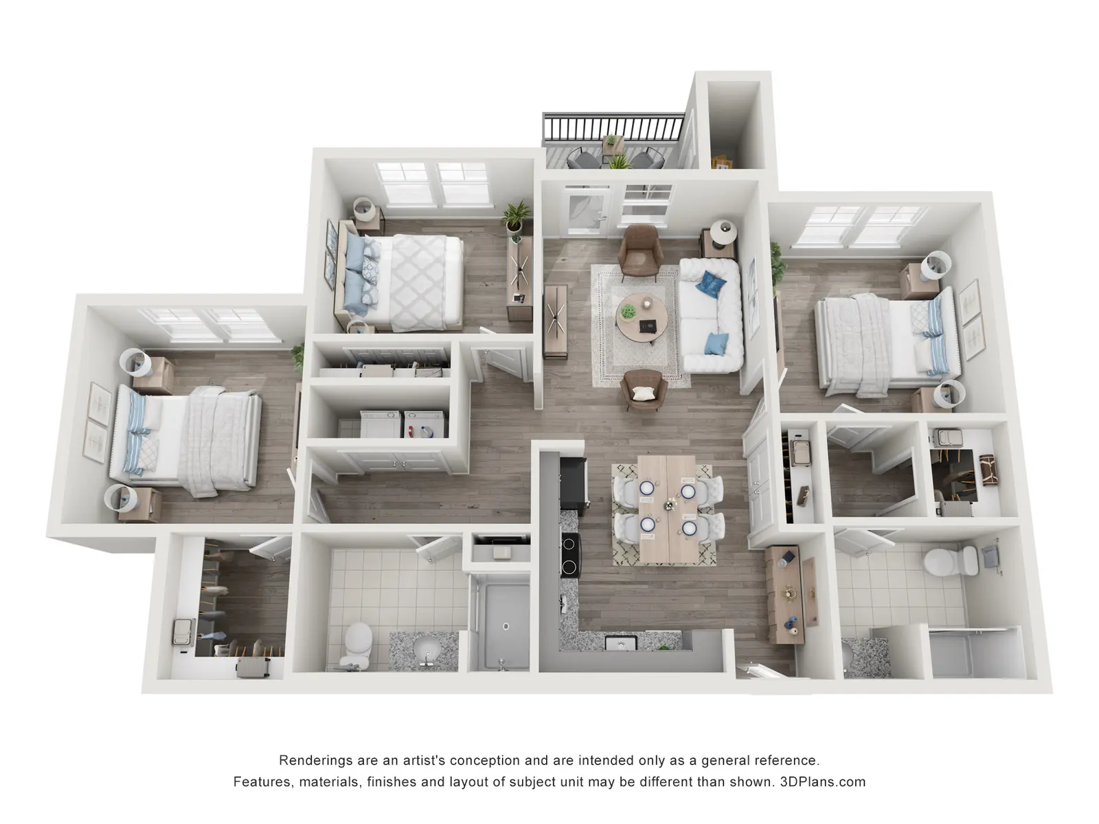 A 3D layout of a modern apartment showcasing two bedrooms, a living area, a kitchen, and a bathroom, with contemporary furniture and decor.