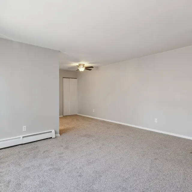 An empty living room featuring light gray walls, carpeted floor, and a ceiling fan. A door and a closet are visible on one wall.