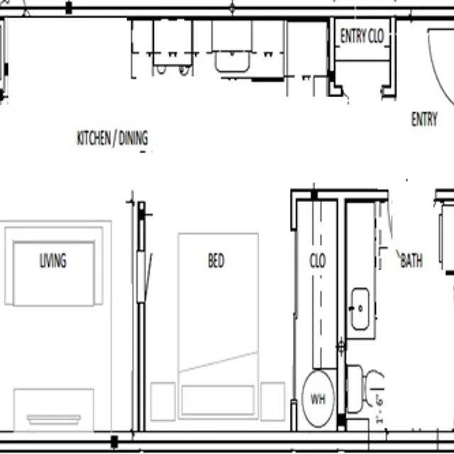 Small Apartment Floor Plan A floor plan of a small apartment showing a living room, bedroom, bathroom, and kitchen/dining area. The layout includes labeled spaces for entry, closet, and appliances.