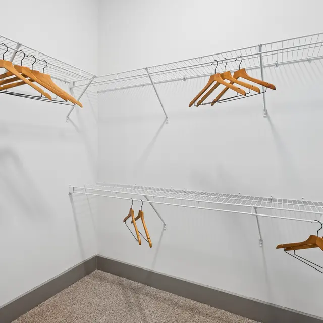 Organized Closet Space An empty closet space with wire shelving and wooden hangers.