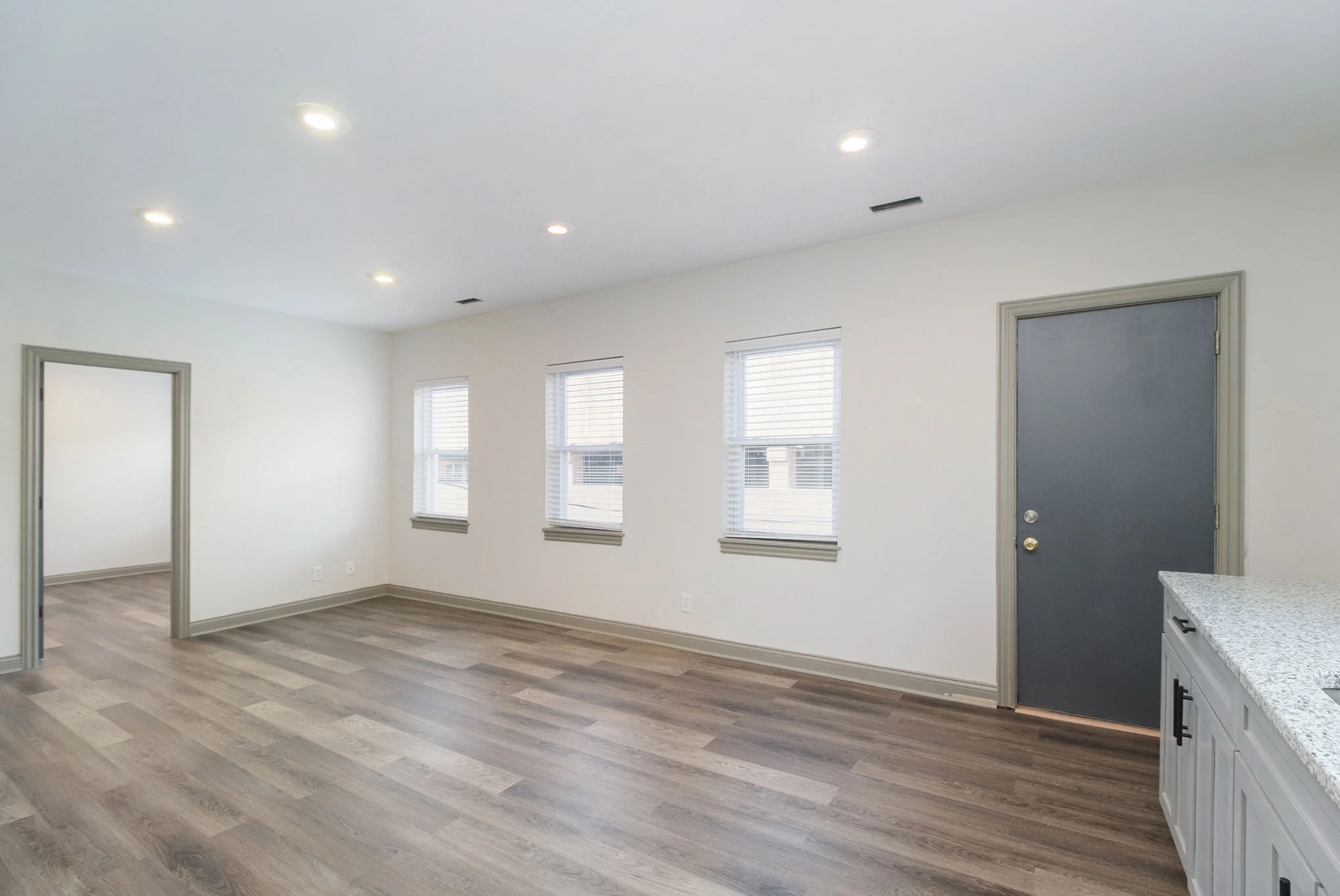 An empty, modern living space with light-colored walls and hardwood flooring. There are windows with blinds allowing natural light and a door leading outside. A doorway on the left leads to another room.